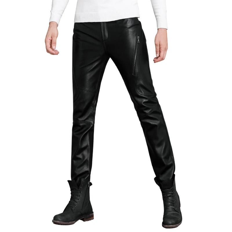 Pantalon Slim en cuir véritable pour hommes, moto pour jeunes, personnalité en peau de mouton, vêtem