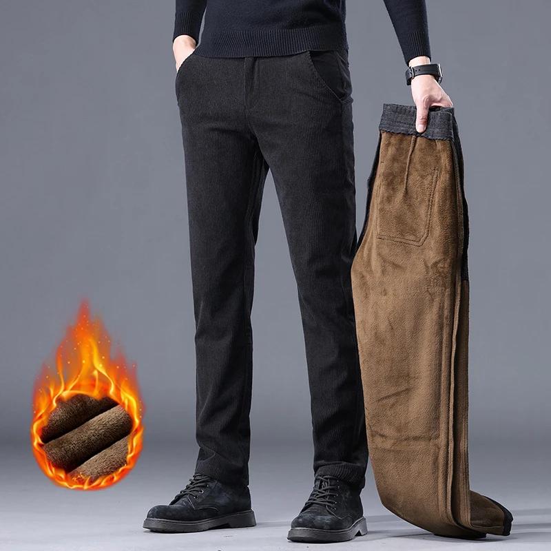 Kaki noir gris polaire hommes velours côtelé pantalons décontractés Chenille épais Stretch pantalon 