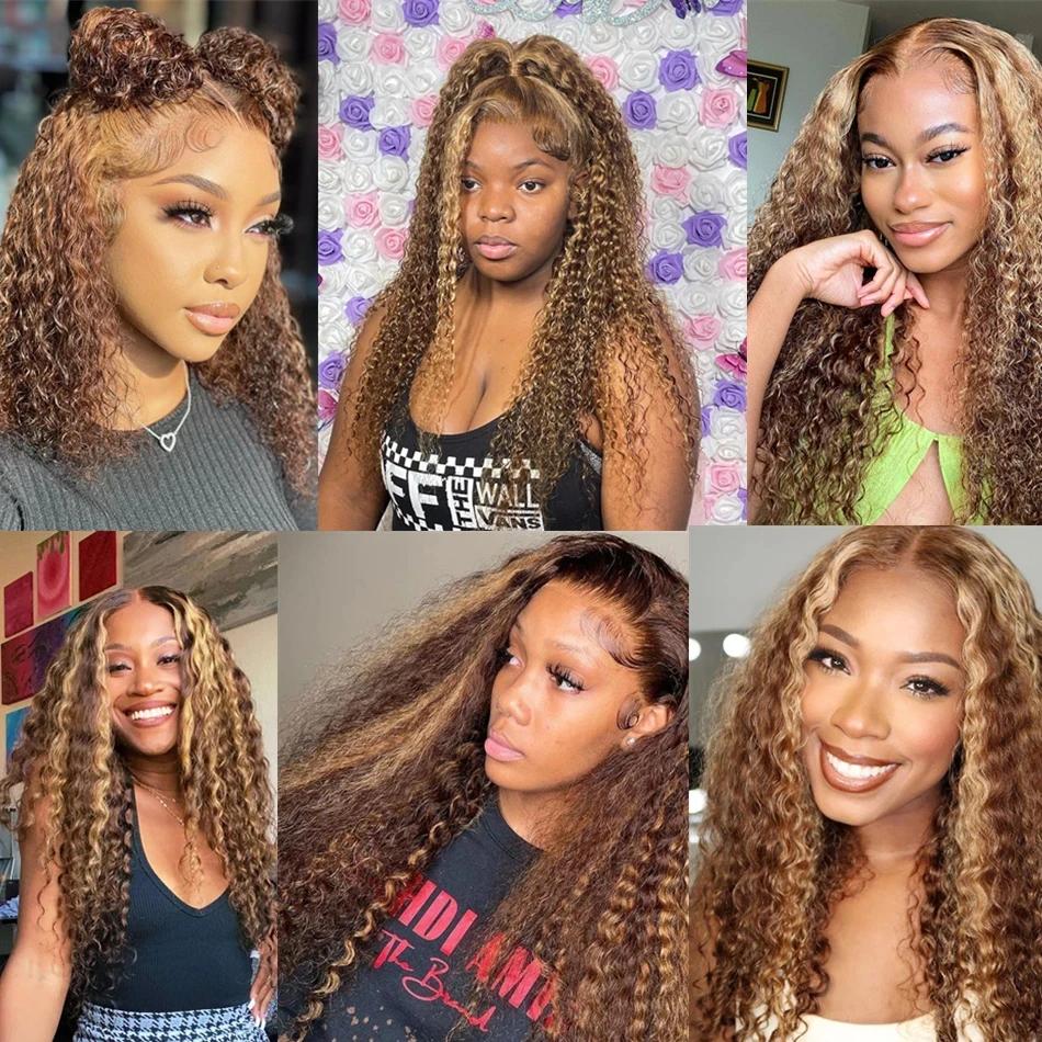 Perruque Lace Front Wig Naturelle Bouclée, Cheveux Humains, Deep Water Wave, 13x4, à Reflets Brun Mi