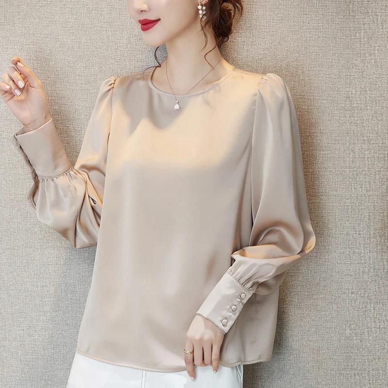 Chemise en soie glacée à manches longues et col rond pour femmes, chemisier monochrome en satin acét