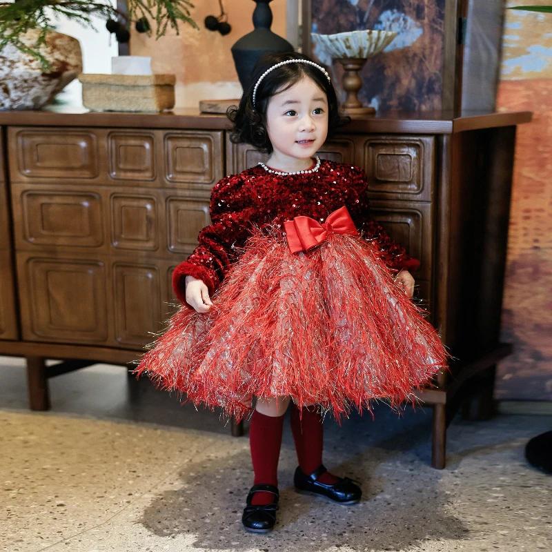 Robe de princesse rouge pour filles, tenue de cérémonie pour célébrations annuelles, robe de spectac