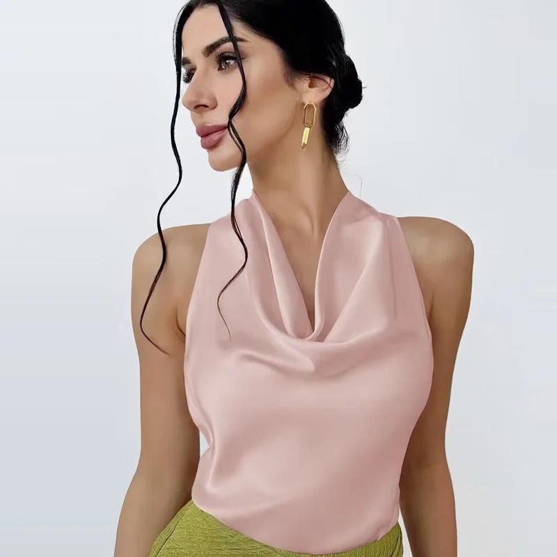 HXAO 2025 femmes Satin haut à licou été noir jaune débardeurs & Camis épaules nues débardeur court m