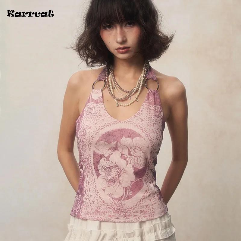 Karrcat-Camisole à imprimé fleuri rétro des années 2000, haut violet précieux, licou japonais Y2k, e
