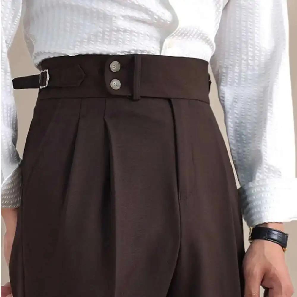 Naples-Pantalon Double en Lin Imbibé pour Homme, Taille Haute, Respirant, Jambe Droite, Bureau, FjMe