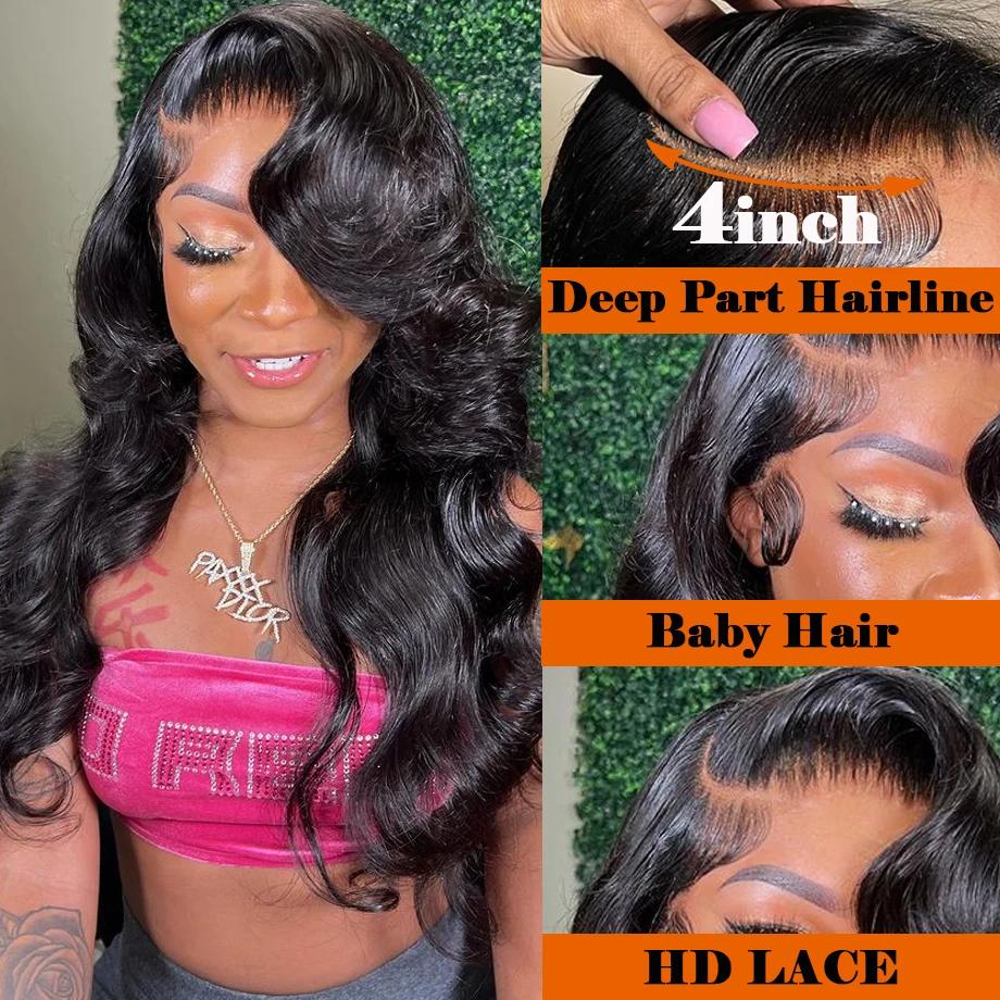 Perruque Lace Wig Body Wave Brésilienne Naturelle, Cheveux Humains, 13x4, Sans Colle, Prête à vitati