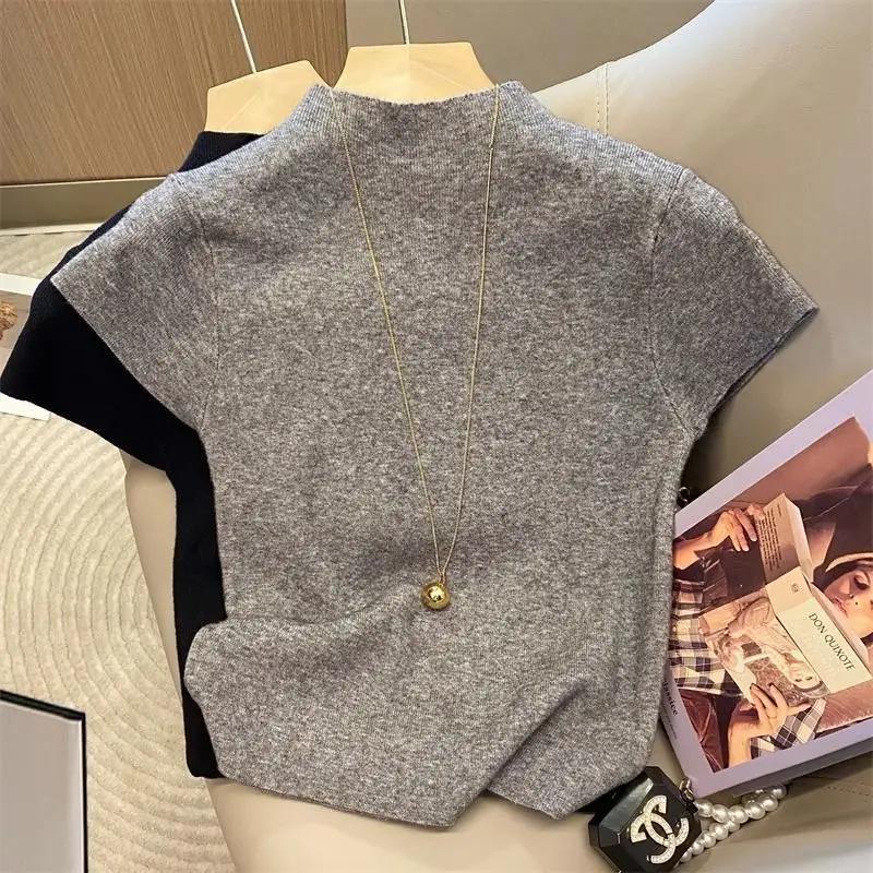 Pull à col roulé pour femme, basique, couleur unie, fin, tricoté, Slim, manches courtes, moulant, ét