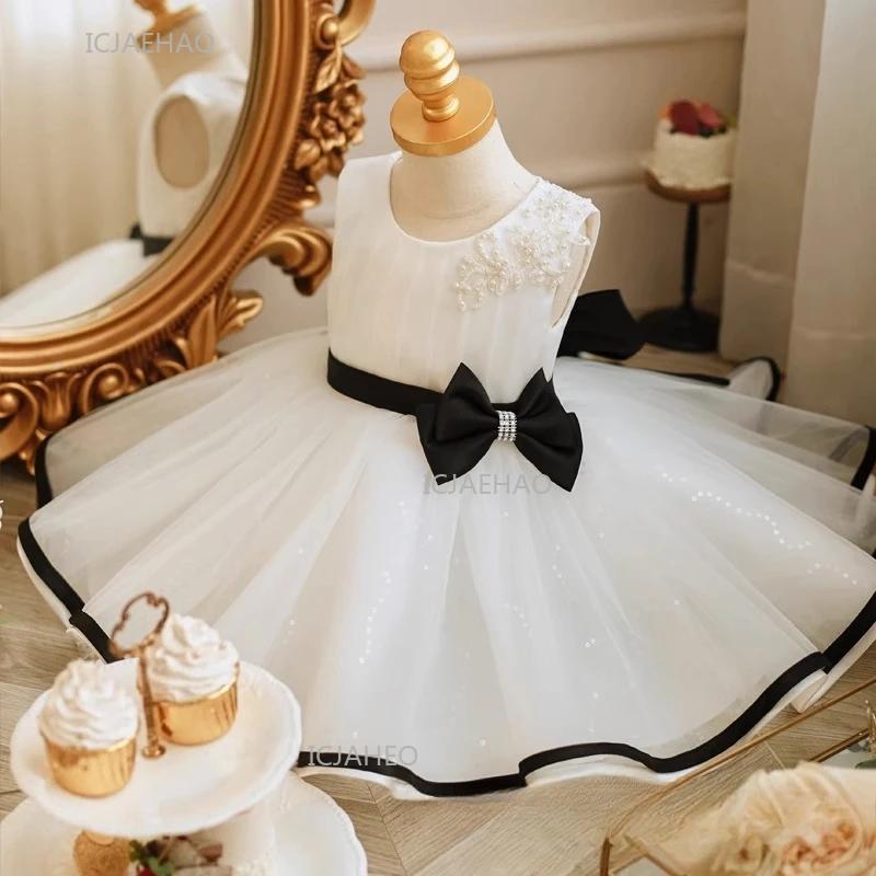 Robe de soirée noire avec nœud et ceinture pour enfants, idéale pour la scène, célébration des 100 j