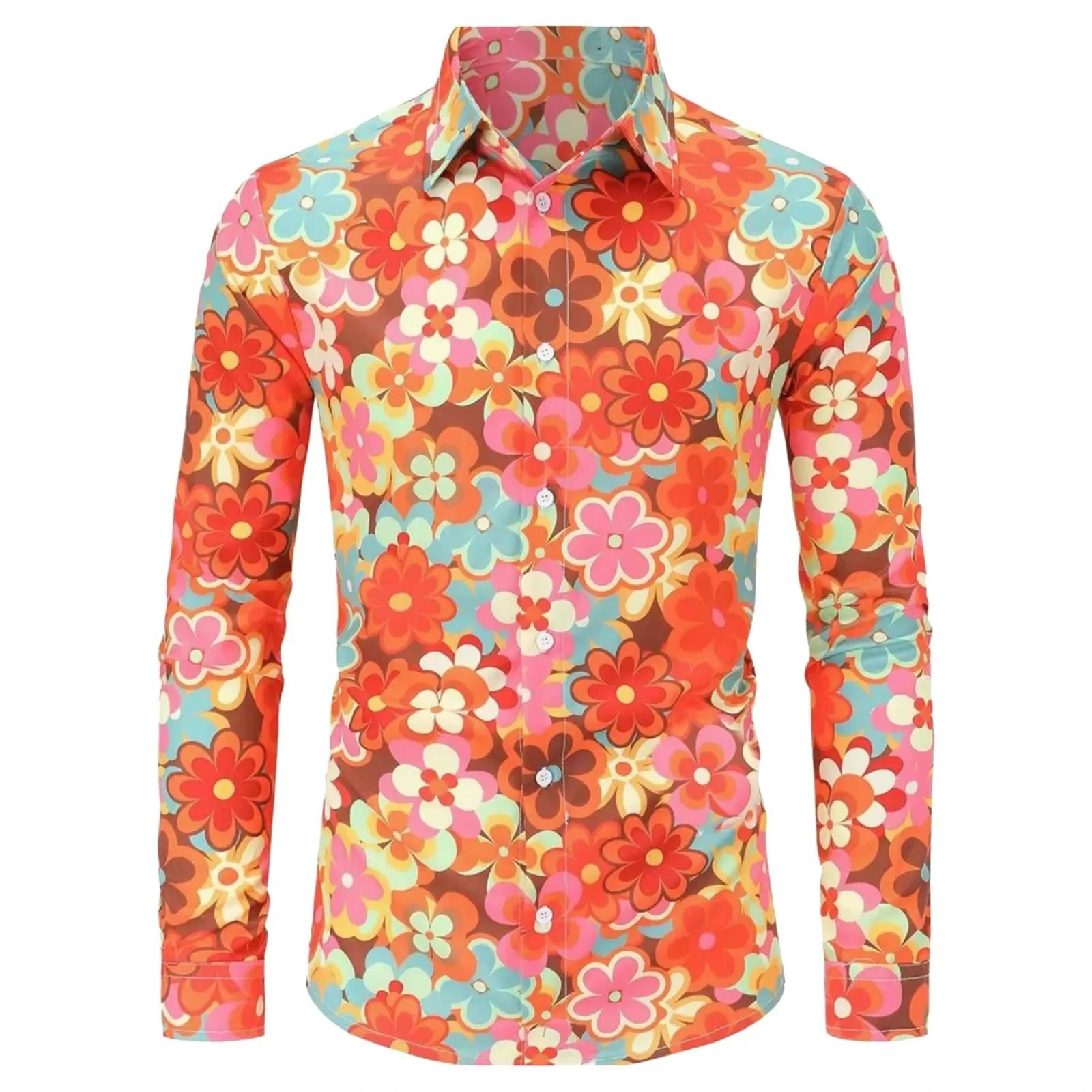 ​ Chemise Hippie d'été des années 70 pour hommes, haut décontracté à manches longues et boutons rétr