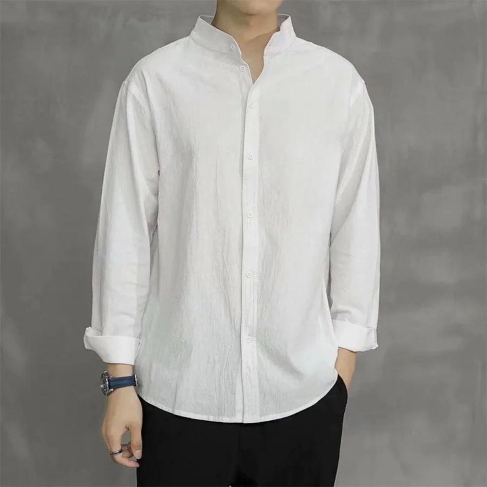 Chemise à manches longues pour hommes, couleur unie, coton et lin, col Henley, simple, respirant, St