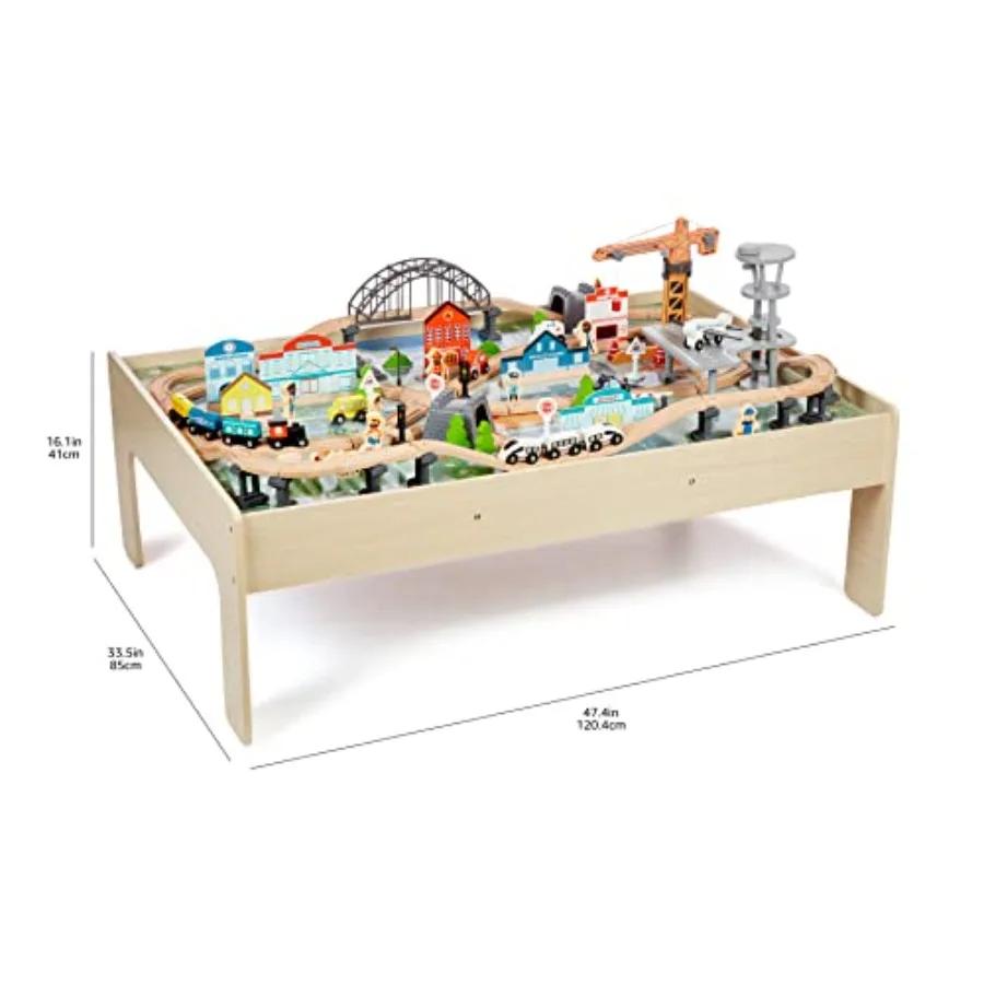 Amazon Basics Ensemble de train en bois de 120 pièces avec table d'activité Pistes robustes Poubelle