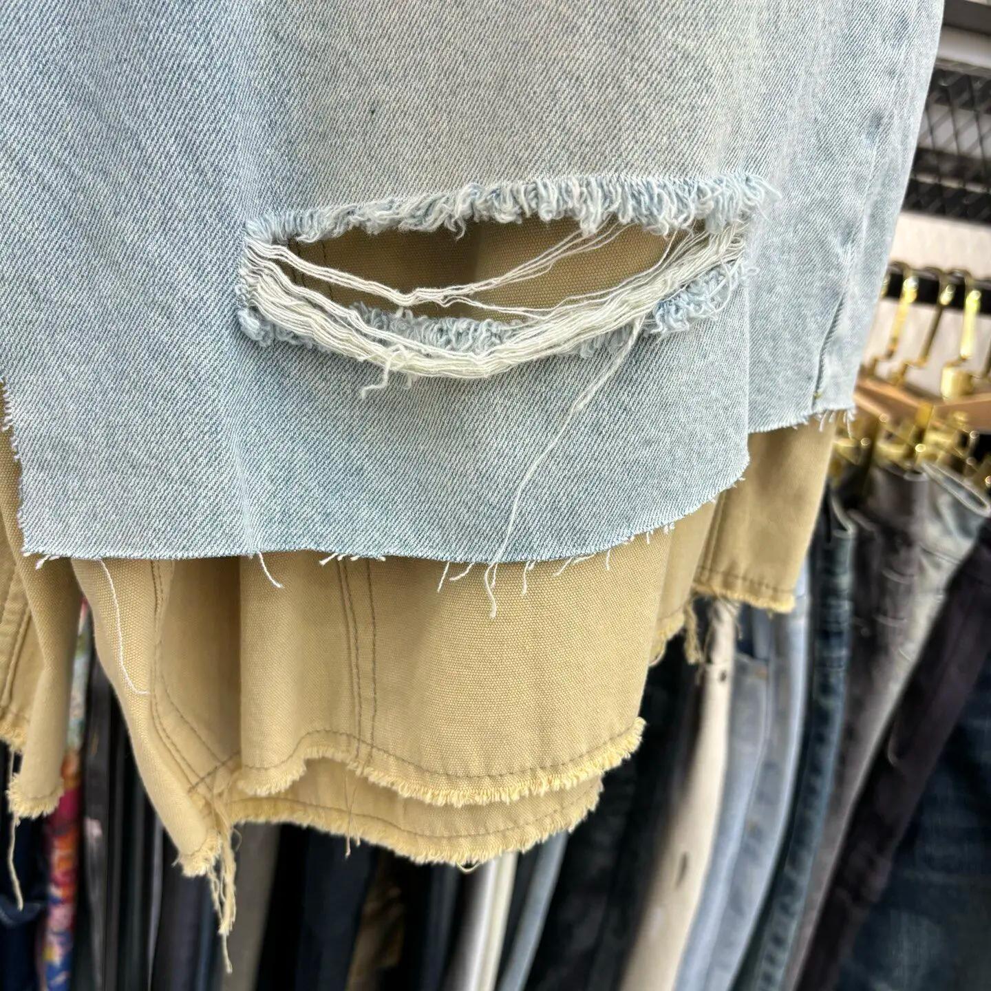 MIJKO – faux short surdimensionné en Denim deux pièces pour hommes et femmes, sept pouces, avec trou
