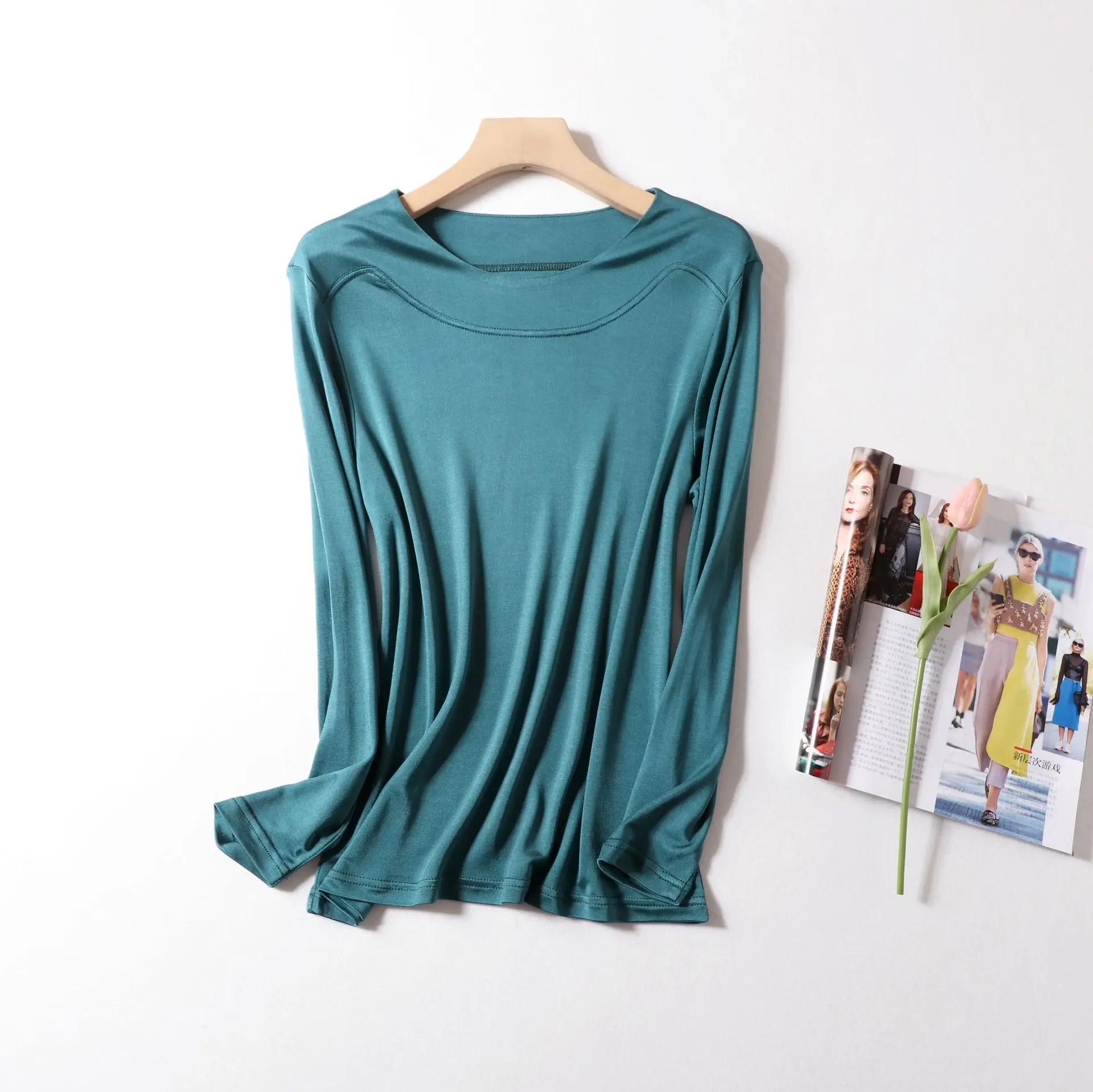 T-shirts en soie véritable Birdtree pour femme, col rond, uni, décontracté, manches longues, basique