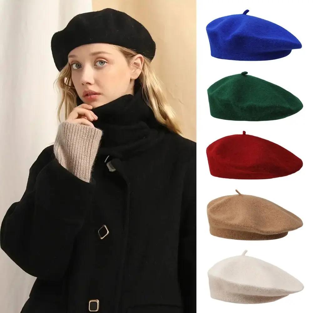 Bérets en laine chauds pour femmes, chapeau de couleur unie, casquette unie élégante, rétro, tout as