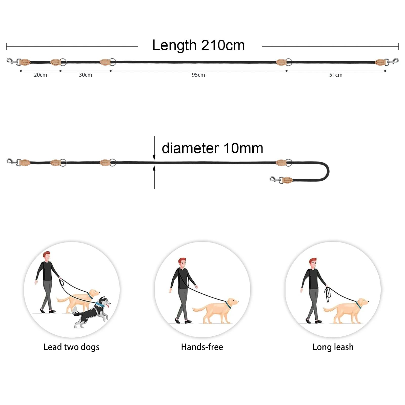 Laisses doubles polyvalentes pour chiens de taille moyenne, 210cm, réglables et en Nylon, mains libr