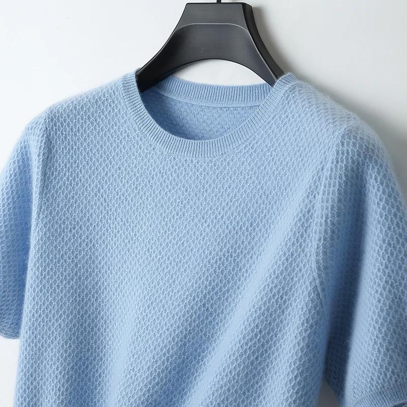 T-Shirt tricoté en laine mérinos pour hommes, col rond, aiguille en nid d'abeille, gilet à manches c