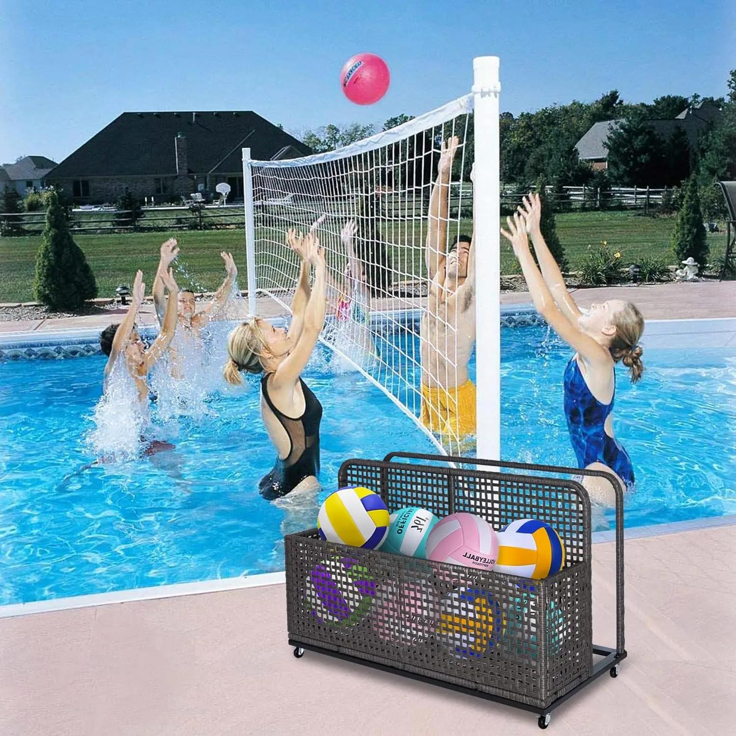Mir de rangement pour flotteurs au bord de la piscine, caddie de piscine extérieur en rotin PE avec 
