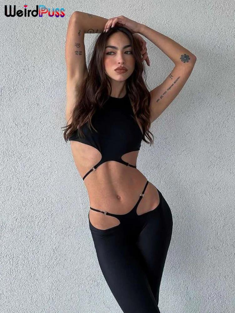 Ensemble 2 pièces pour femme, bretelles creuses, chat bizarre, Sexy, couleur unie, col licou, dos nu