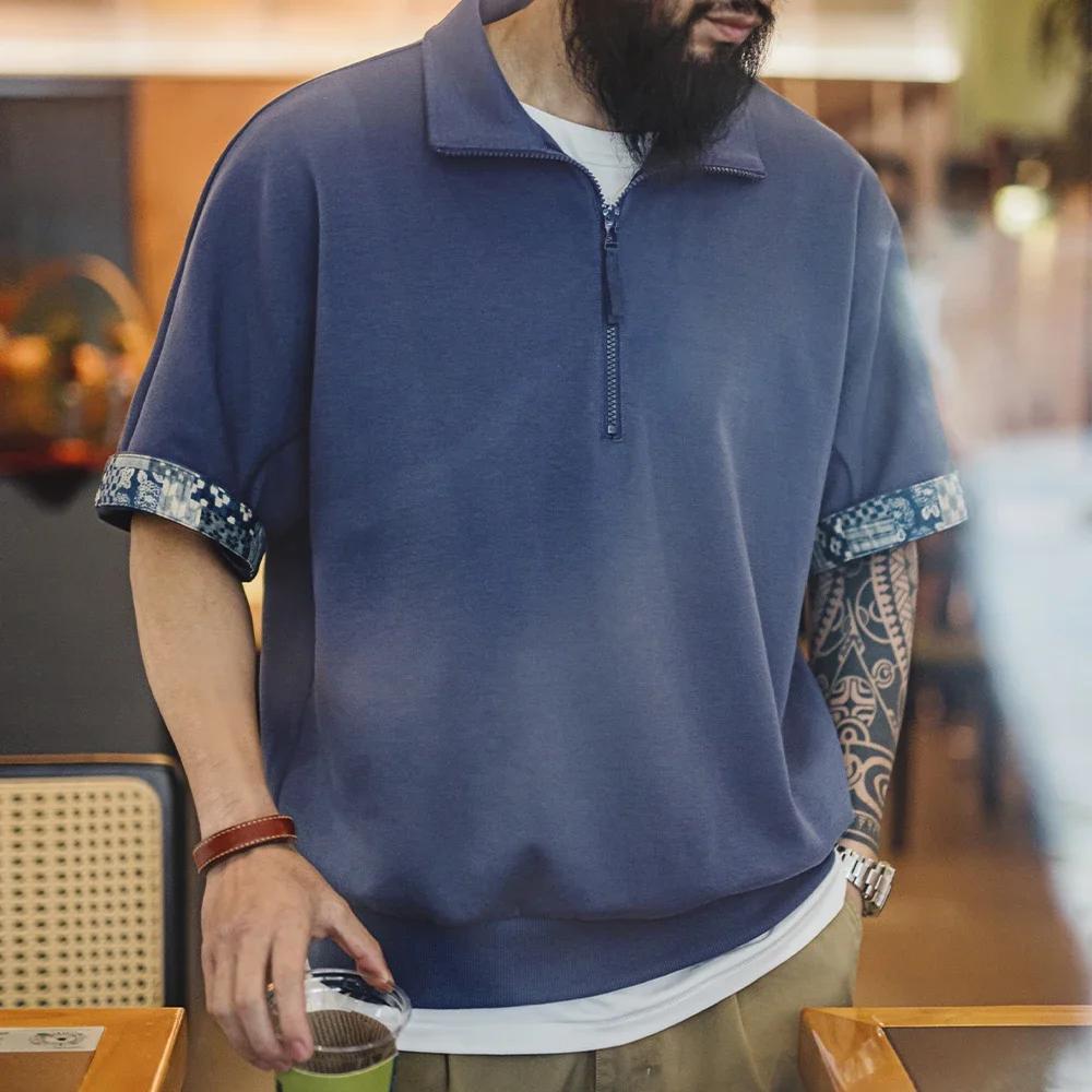 Maden Vintage demi-zip Boro Style à manches courtes Polo hommes été Indigo teint imprimé col ample T