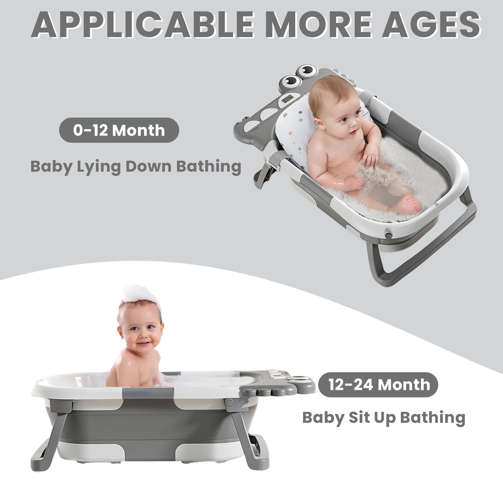 Bain de bébé pliable avec oreiller de bain antidérapant, bain de bébé avec siège de bain de bébé et 