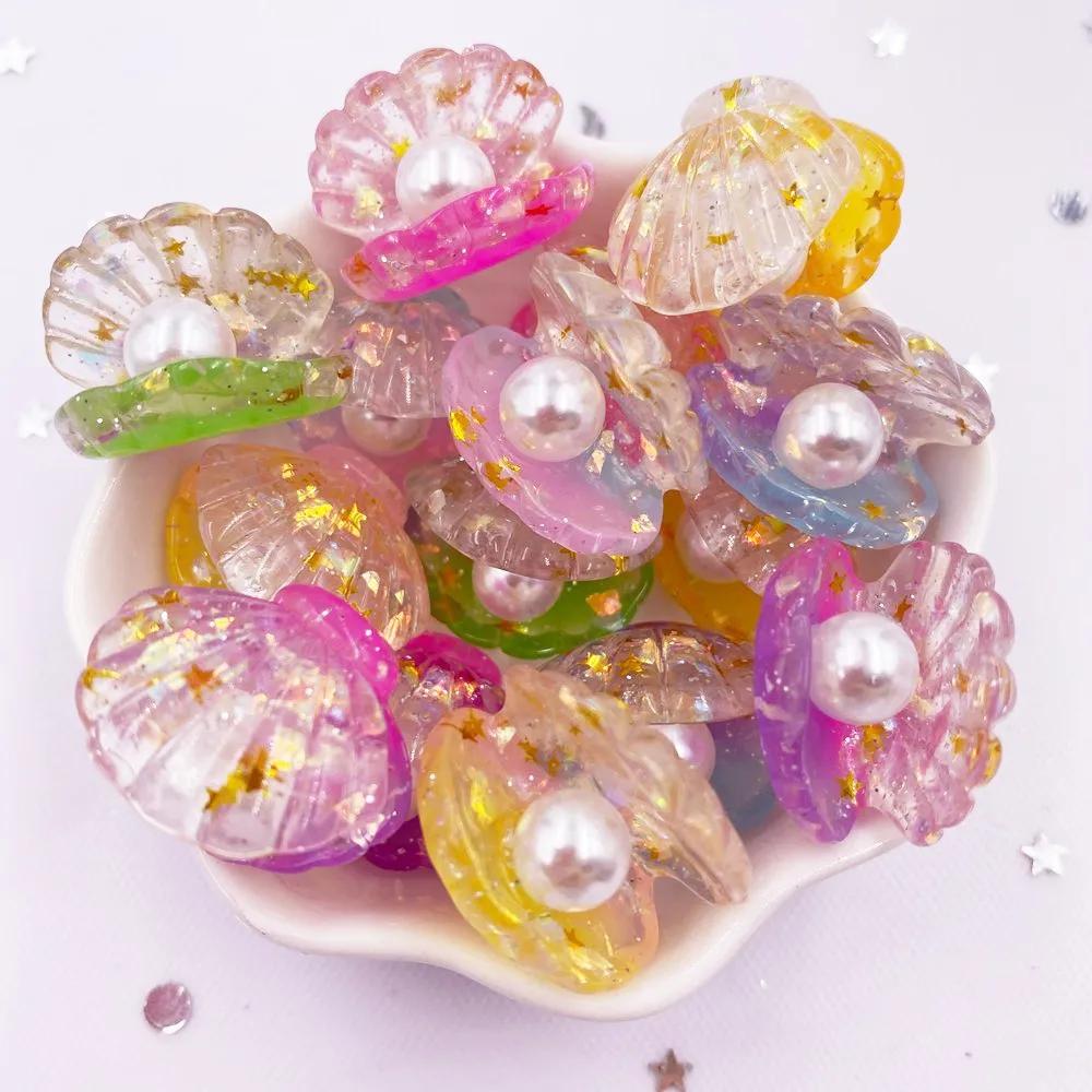 10 pièces paillettes résine colorée 3D coquille de perle ouverte Flatback Cabochon Scrapbook accesso