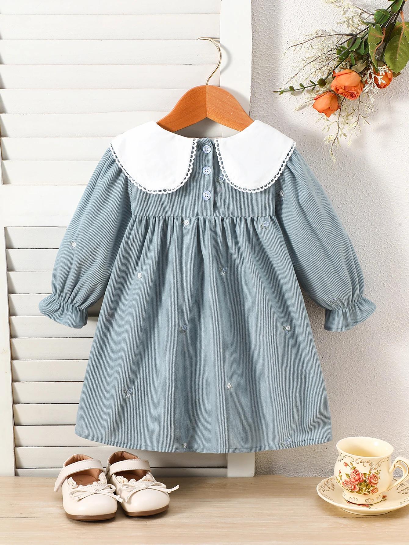 Robe en velours côtelé brodée de fleurs pour jeunes enfants, col brodé bicolore, robe à manches long