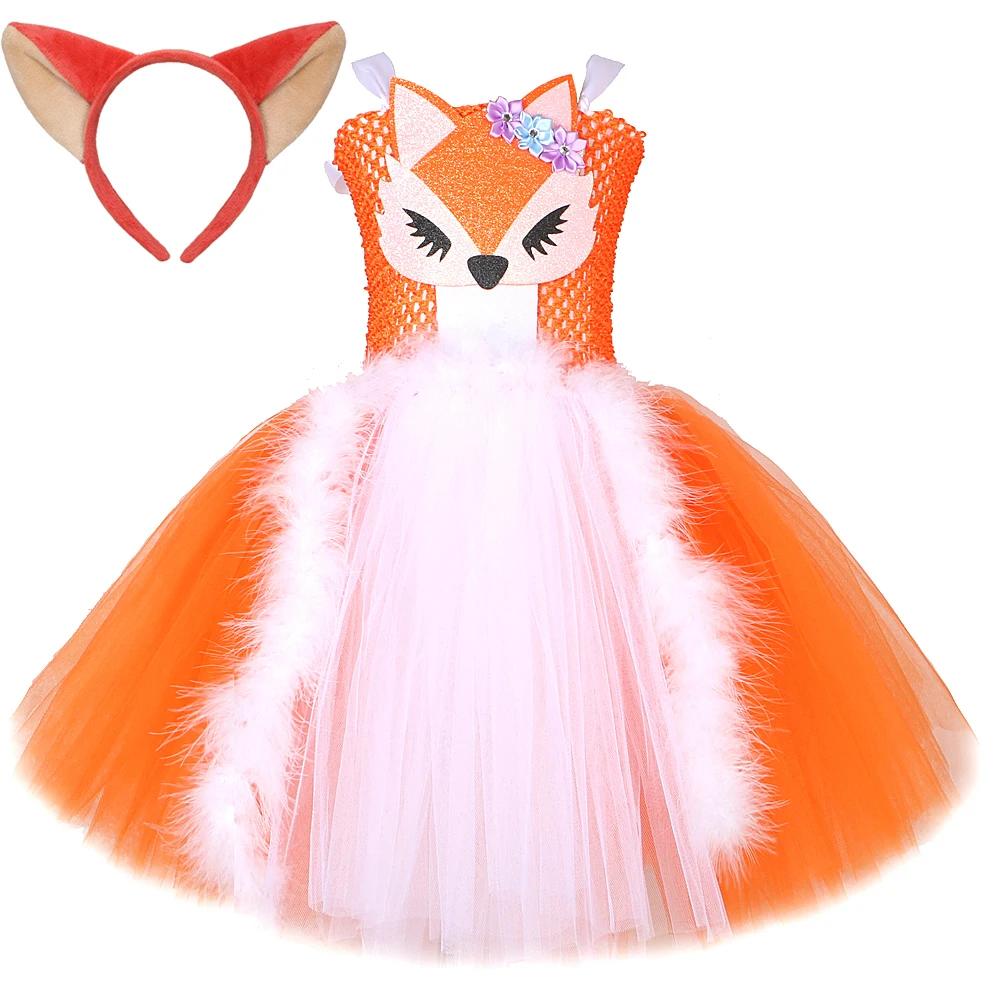 Costumes de renard blanc et orange pour filles, enfants, robe tutu fantaisie avec oreilles, tenues d