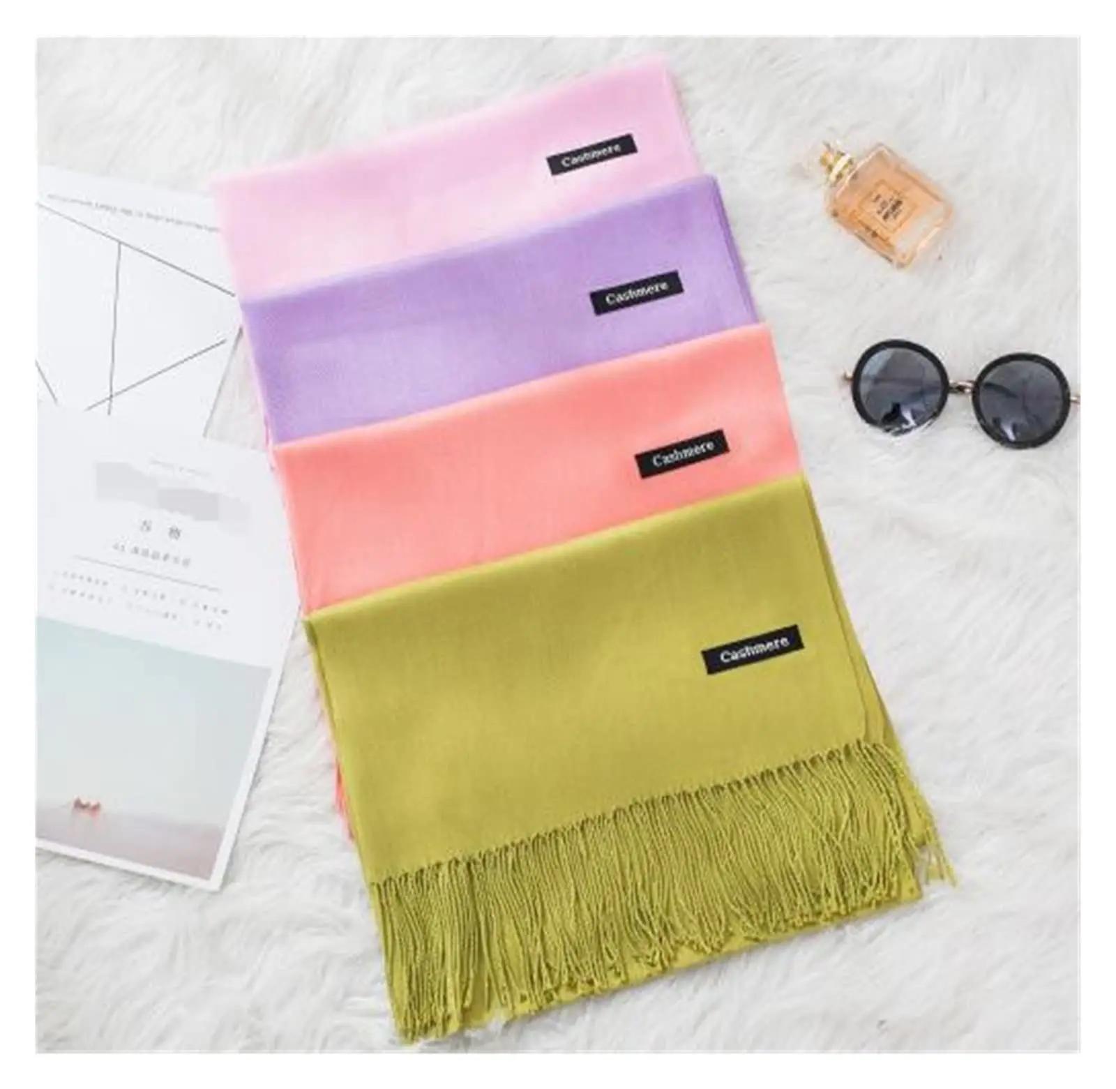 Femmes solide écharpe cachemire sentiment Pashmina châles gland Hijab bandeau Femme mince printemps 