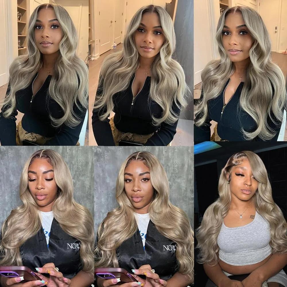 Perruques Lace Front 13x4 Ombré Blond avec Racines Colorées pour Femmes, Cheveux Humains Ondulés Omb