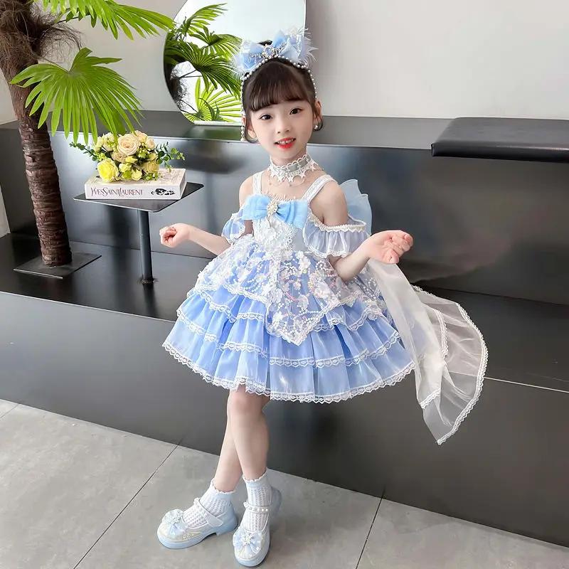 Robe d'été en dentelle pour petites filles, avec nœud bleu, brillante, princesse, robe de bal, gâtea