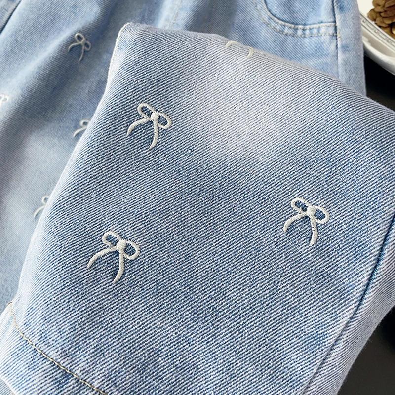 Pantalons en jean à jambes larges brodés avec un nœud pour filles