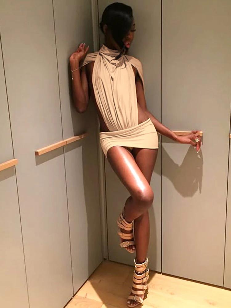 Ensemble 2 pièces sexy Kliou pour femme : Bodys froncés à col roulé et découpes latérales + Mini-jup