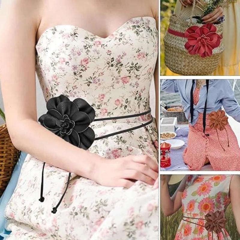 Ceinture de taille bohème en cuir PU – Grande ceinture enveloppante à cravate florale avec nœud pour