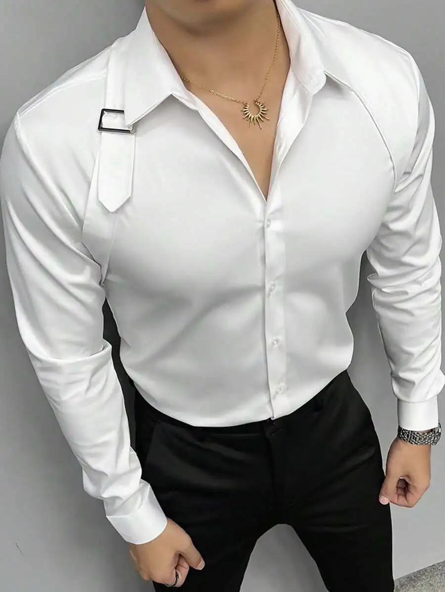 Chemise à manches longues boutonnée pour homme, couleur blanche unie, style décontracté et professio