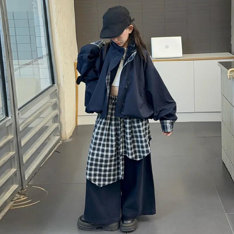 Ensemble de tenues de printemps pour filles, veste à carreaux, ourlet superposé, pantalon à jambes l