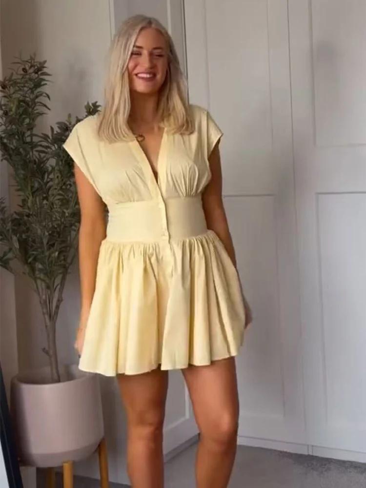 TFMLN Robe Courte Chemise Tendance pour Femme, Coupe Slim Décontractée, Manches Courtes, Col en V, B