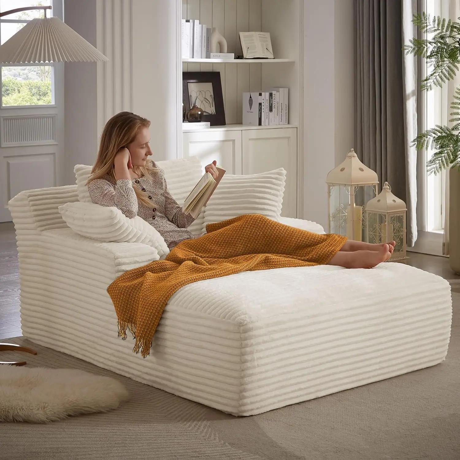 Chaise longue surdimensionnée velours côtelé avec 3 oreillers - Confort maximal pour salon et chambre