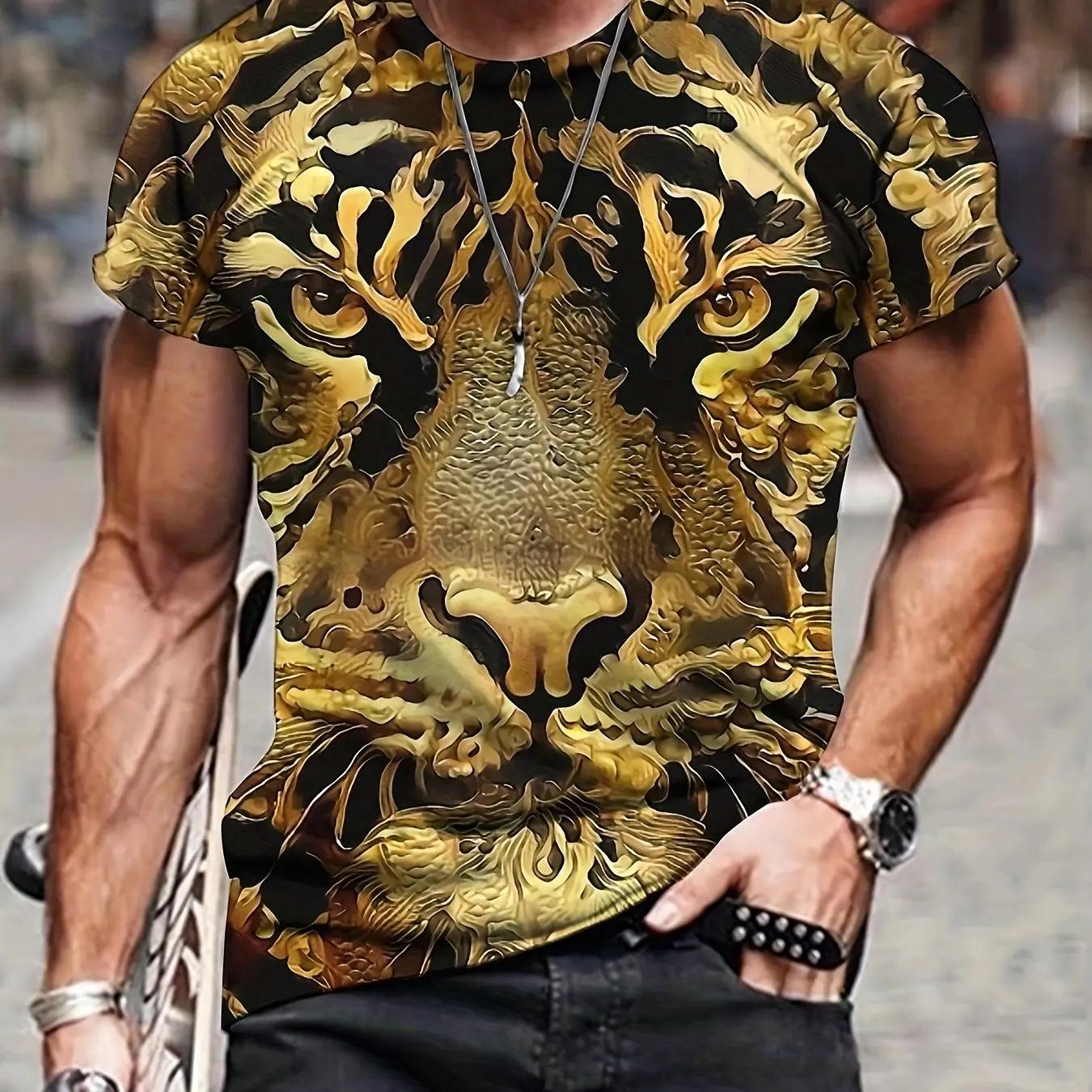 T-shirt d'été à motif lion et tigre 3D pour hommes, T-shirt respirant micro élastique décontracté, a