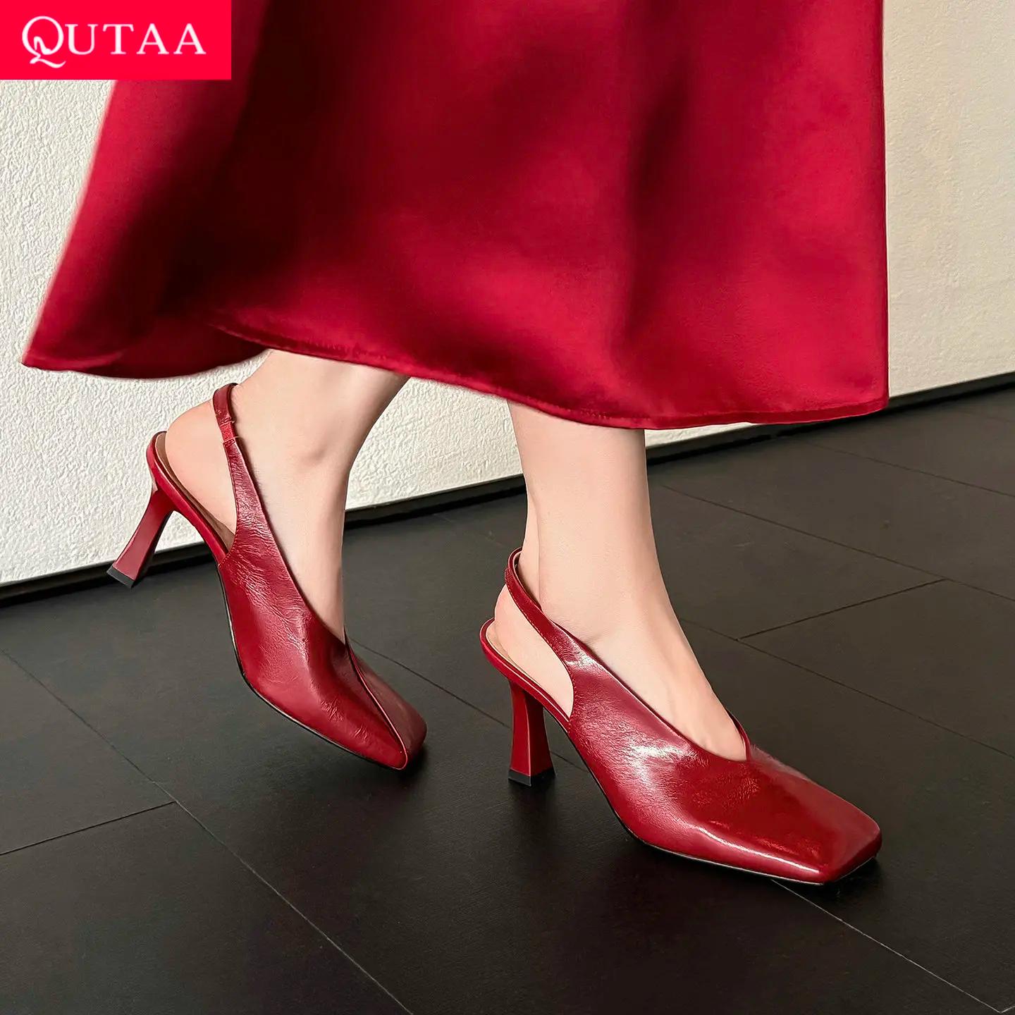 QUTAA 2026 Nouveauté Mode Escarpins Femme en Cuir Véritable Talons Hauts Bout Carré Sexy Rétro Sling