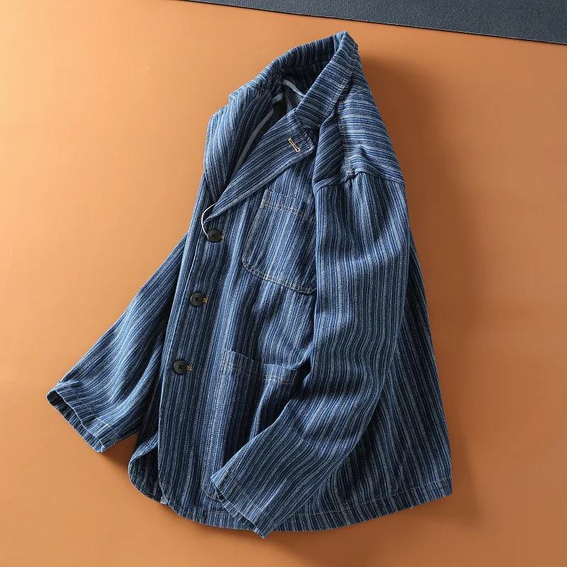 Haute qualité 100% coton japonais rétro Denim corvée Blazer-hommes coupe ample rayé décontracté auto