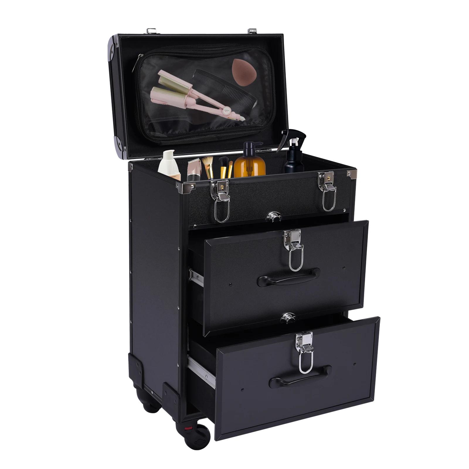 Valise à roulettes de maquillage à 3 niveaux, cadre en alliage d'aluminium, chariot cosmétique avec 