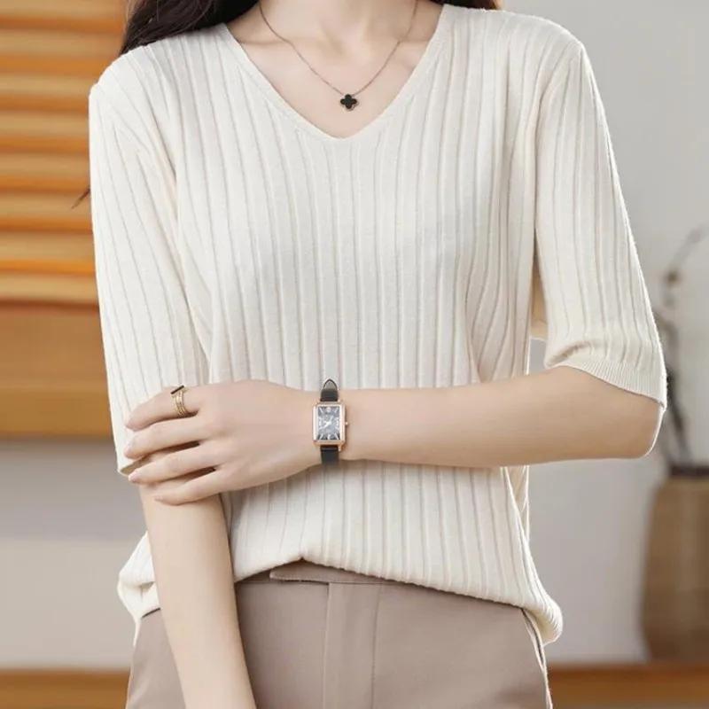 Pull tricoté en cachemire à manches courtes et col en v pour femme, pull de couleur unie, nouvelle c