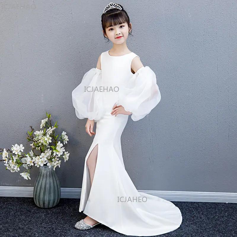 Robe sirène blanche sans bretelles pour filles avec traîne, tenue de cérémonie pour fête, costume de