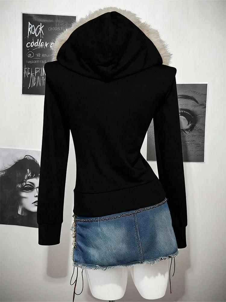 Y2K – sweat à capuche gothique Harajuku pour femmes, Sexy, Slim, Chic, col en fourrure en daim, lett