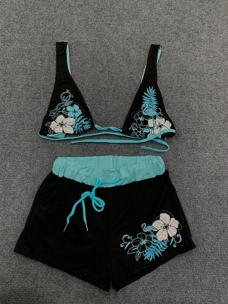 Été plage Ins mode chaude Sexy dames fendu deux pièces Bikini beau Vintage contraste fleur imprimé s