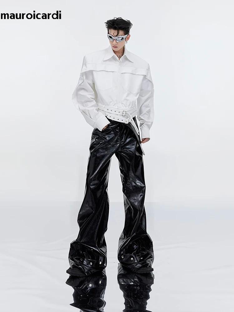 Mauroicardi printemps automne Cool noir brillant réfléchissant Pu cuir Flare pantalon pour hommes ha