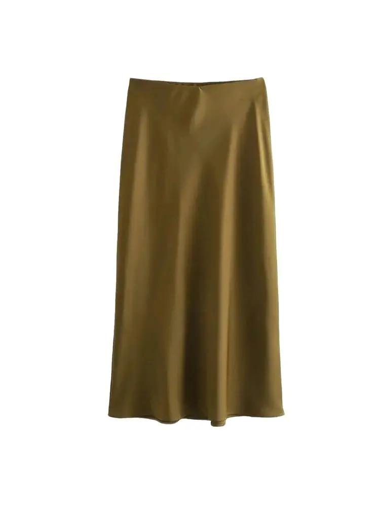 Jupe mi-longue semblable à de soie pour femmes, doux au toucher, taille haute, ceinture élastique, C