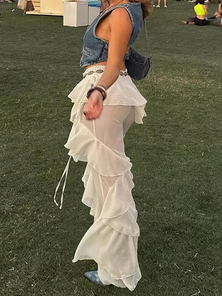 Pantalon évasé à plusieurs niveaux irréguliers pour femmes, Y2K, Patchwork transparent, Hipster d'ét