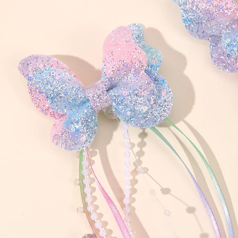 Pinces à cheveux avec nœud papillon à paillettes, 2 pièces, papillon arc-en-ciel avec de longues per