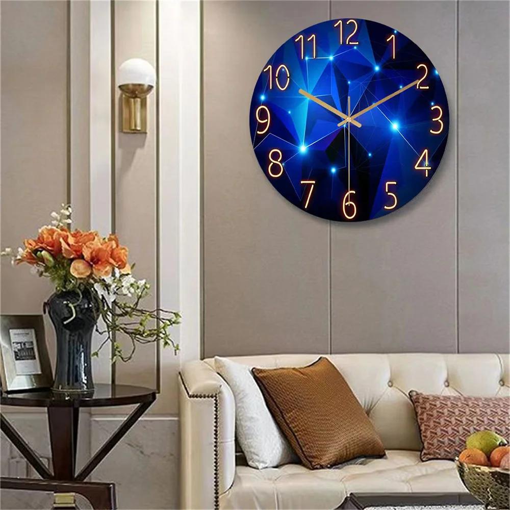 Horloge murale 12 pouces, éléments géométriques, bleu foncé, verre trempé épais, mouvement silencieu