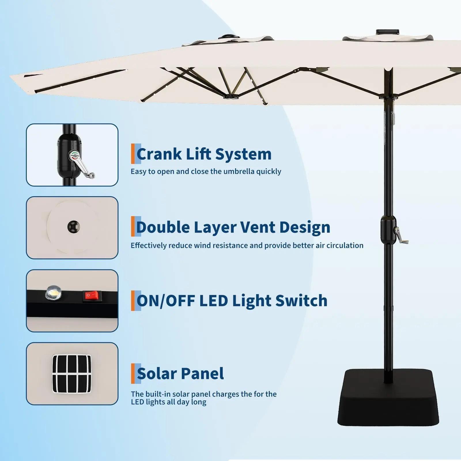 Parasol de patio extérieur de 15 pieds avec lumières LED solaires et base, grand pare-soleil rectang